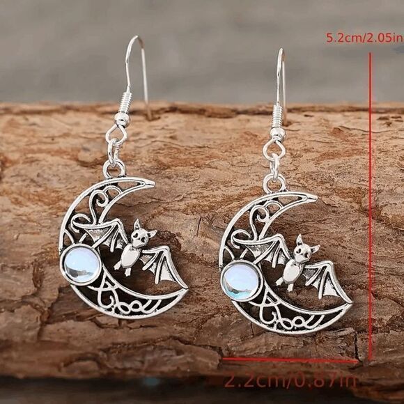 Moonstone Silver Vampire Bat Filigree Crescent Moon Dangle Earrings - Picture 4 of 5